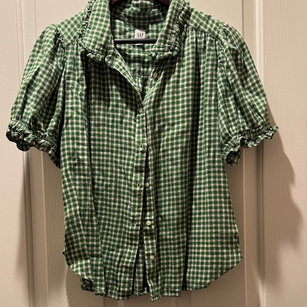 GAP Green and White Gingham Button-Down Top